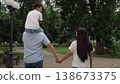 little boy with parent walk, parents walking child holding hand, little son having fun walking with parents outdoors, childhood, three people, little son plays airplane pilot sitting father shoulders 138673375