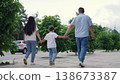 Mother Father Walking Sidewalk Holding Hand Son Child, Boy With Parent Walking Holding Hand, Happy Family Concept, Little Boy With Parent Walk, Childhood, Parental Care, Mother Father Walking Sidewalk 138673387