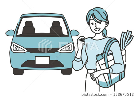 Illustration of a woman returning from shopping and a car. 138673518