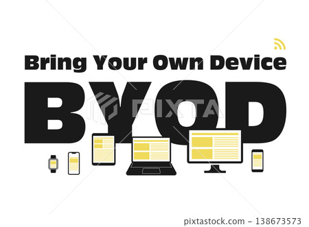 自備設備辦公室 (BYOD) - 個人設備使用示意圖(向量圖),白色背景 自備設備辦公室 (BYOD) - 個人設備使用示意圖(向量圖),白色背景 138673573