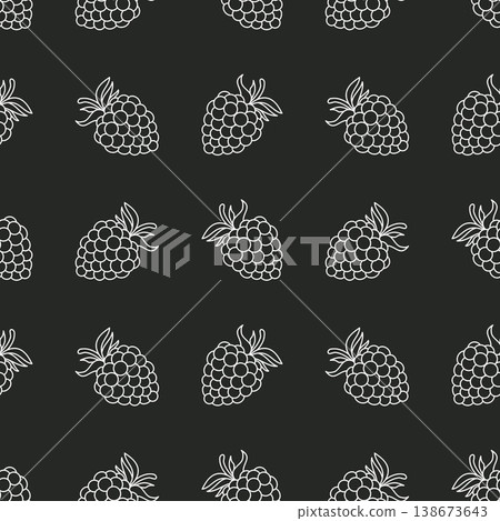 Seamless Pattern with White Outline Berries Raspberries and Blackberries on Black Background. Chalkboard Botanical Line Art. Fruit Square Print. Vector Illustration. Seamless Pattern with White Outline Berries Raspberries and Blackberries on Black Background. Chalkboard Botanical Line Art. Fruit Square Print. Vector Illustration. 138673643