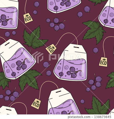 Black Currant Tea Bag Seamless Pattern. Luxury Gourmet Herbal Brew Wrapping Paper on Deep Plum Background. Hand Drawn Botanical Background for Wellness Packaging. Vector Illustration. 138673645