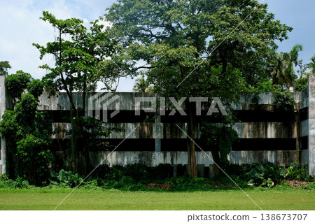 A ruined concrete building overgrown with tropical trees, a Southeast Asian urban ruin. A ruined concrete building overgrown with tropical trees, a Southeast Asian urban ruin. 138673707