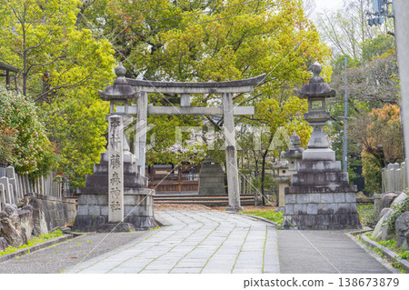 Kyoto, Fujimori Shrine: Cherry blossoms in full bloom and a stone torii gate Kyoto, Fujimori Shrine: Cherry blossoms in full bloom and a stone torii gate 138673879