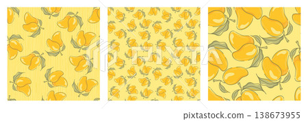 Set of seamless patterns with fresh yellow mango fruits and green leaves. Tropical summer vector background collection for fabric, textile, wrapping paper, packaging design. Minimal hand drawn style. 138673955