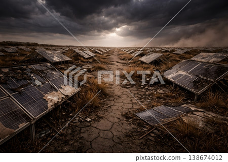 一幅反烏托邦式的、破敗的太陽能發電場景象展現在眼前，太陽能電池板損壞，地面龜裂。 138674012