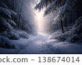冬日的陽光透過覆蓋著霜雪的樹木，在白雪皚皚的林間小路上營造出一片寧靜的景象。 138674014