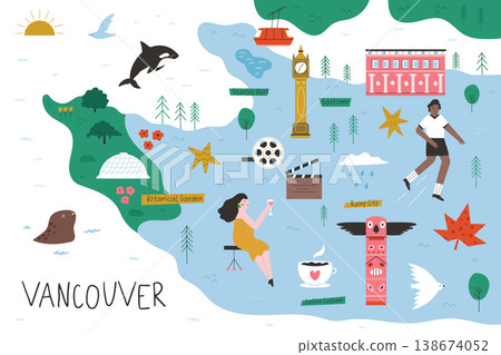 Vancouver illustrated map with landmarks, nature and city lifestyle elements Vancouver illustrated map with landmarks, nature and city lifestyle elements 138674052