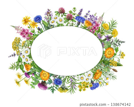 Oval floral frame from apothecary herbs, watercolor illustration isolated. Hand-painted botanical herbal frame decor, apothecary plants perfect for wellness, packaging, invitations and natural design 138674142