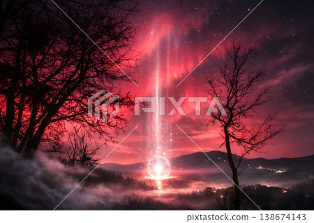 在霧氣瀰漫的山谷中，一幅奇幻而壯麗的夜空景象徐徐展開，一道天柱般的光柱和一片紅色的極光橫跨天際。 138674143