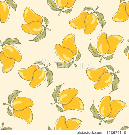 Seamless pattern with yellow mango fruits and green leaves. Tropical summer vector illustration background for textile, fabric, wrapping paper, and packaging design. Minimalist hand drawn style. 138674148
