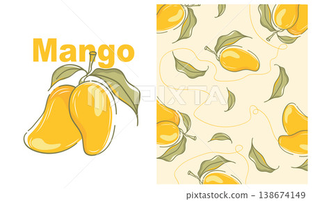 Seamless pattern with yellow mango fruits and green leaves. Tropical summer vector illustration background for textile, fabric, wrapping paper, and packaging design. Minimalist hand drawn style. 138674149