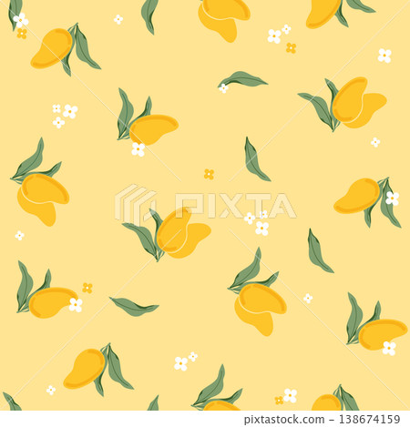 Seamless pattern with yellow mango fruits and green leaves. Tropical summer vector illustration background for textile, fabric, wrapping paper, and packaging design. Minimalist hand drawn style. Seamless pattern with yellow mango fruits and green leaves. Tropical summer vector illustration background for textile, fabric, wrapping paper, and packaging design. Minimalist hand drawn style. 138674159