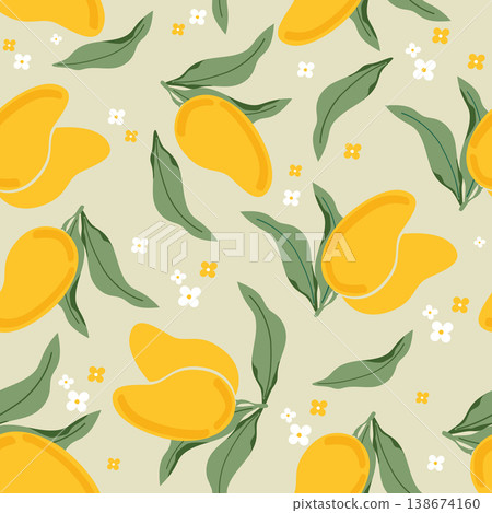 Seamless pattern with yellow mango fruits and green leaves. Tropical summer vector illustration background for textile, fabric, wrapping paper, and packaging design. Minimalist hand drawn style. Seamless pattern with yellow mango fruits and green leaves. Tropical summer vector illustration background for textile, fabric, wrapping paper, and packaging design. Minimalist hand drawn style. 138674160