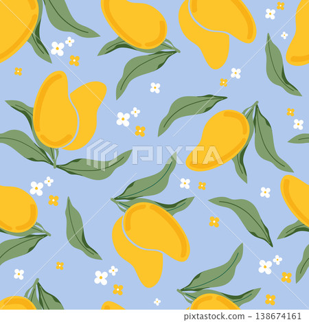 Seamless pattern with yellow mango fruits and green leaves. Tropical summer vector illustration background for textile, fabric, wrapping paper, and packaging design. Minimalist hand drawn style. Seamless pattern with yellow mango fruits and green leaves. Tropical summer vector illustration background for textile, fabric, wrapping paper, and packaging design. Minimalist hand drawn style. 138674161