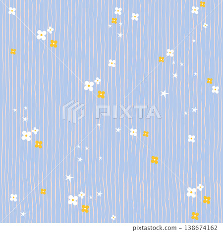 Cute seamless pattern with tiny white yellow daisy flowers, stars and vertical wavy pink stripes on pastel blue background. Sweet floral spring summer vector design for kids fabric, textile, print. Cute seamless pattern with tiny white yellow daisy flowers, stars and vertical wavy pink stripes on pastel blue background. Sweet floral spring summer vector design for kids fabric, textile, print. 138674162