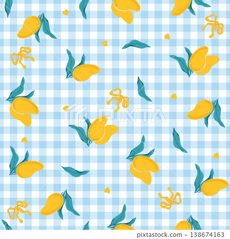 Seamless pattern with yellow mango fruits and green leaves. Tropical summer vector illustration background for textile, fabric, wrapping paper, and packaging design. Minimalist hand drawn style. 138674163