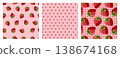 Set of cute seamless patterns with sweet red strawberry fruits on pink gingham and striped background. Summer berry vector design collection for kids fabric, textile, wrapping paper, wallpaper print. 138674168