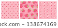 Set of cute seamless patterns with sweet red strawberry fruits on pink gingham and striped background. Summer berry vector design collection for kids fabric, textile, wrapping paper, wallpaper print. 138674169