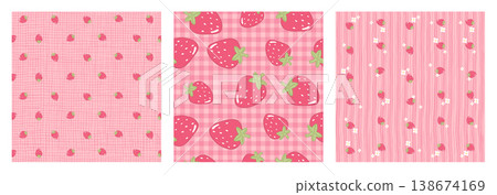 Set of cute seamless patterns with sweet red strawberry fruits on pink gingham and striped background. Summer berry vector design collection for kids fabric, textile, wrapping paper, wallpaper print. 138674169