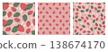 Set of cute seamless patterns with sweet red strawberry fruits on pink gingham and striped background. Summer berry vector design collection for kids fabric, textile, wrapping paper, wallpaper print. 138674170