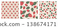 Set of cute seamless patterns with sweet red strawberry fruits on pink gingham and striped background. Summer berry vector design collection for kids fabric, textile, wrapping paper, wallpaper print. 138674171