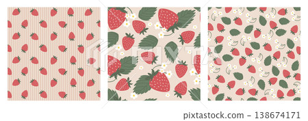 Set of cute seamless patterns with sweet red strawberry fruits on pink gingham and striped background. Summer berry vector design collection for kids fabric, textile, wrapping paper, wallpaper print. 138674171