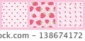 Set of cute seamless patterns with sweet red strawberry fruits on pink gingham and striped background. Summer berry vector design collection for kids fabric, textile, wrapping paper, wallpaper print. 138674172
