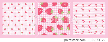 Set of cute seamless patterns with sweet red strawberry fruits on pink gingham and striped background. Summer berry vector design collection for kids fabric, textile, wrapping paper, wallpaper print. Set of cute seamless patterns with sweet red strawberry fruits on pink gingham and striped background. Summer berry vector design collection for kids fabric, textile, wrapping paper, wallpaper print. 138674172