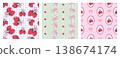 Set of cute seamless patterns with sweet red strawberry fruits on pink gingham and striped background. Summer berry vector design collection for kids fabric, textile, wrapping paper, wallpaper print. 138674174