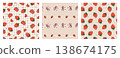 Set of cute seamless patterns with sweet red strawberry fruits on pink gingham and striped background. Summer berry vector design collection for kids fabric, textile, wrapping paper, wallpaper print. 138674175