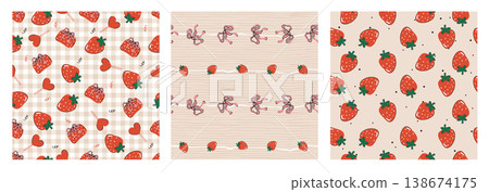 Set of cute seamless patterns with sweet red strawberry fruits on pink gingham and striped background. Summer berry vector design collection for kids fabric, textile, wrapping paper, wallpaper print. Set of cute seamless patterns with sweet red strawberry fruits on pink gingham and striped background. Summer berry vector design collection for kids fabric, textile, wrapping paper, wallpaper print. 138674175