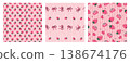 Set of cute seamless patterns with sweet red strawberry fruits on pink gingham and striped background. Summer berry vector design collection for kids fabric, textile, wrapping paper, wallpaper print. 138674176