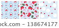 Set of cute seamless patterns with sweet red strawberry fruits on pink gingham and striped background. Summer berry vector design collection for kids fabric, textile, wrapping paper, wallpaper print. 138674177