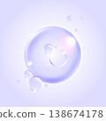 Abstract clear water drop, transparent soap bubbles and concentric circular ripples on pastel purple background. Cosmetic liquid hydration concept for skincare, hygiene and beauty product 138674178