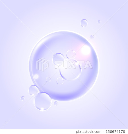 Abstract clear water drop, transparent soap bubbles and concentric circular ripples on pastel purple background. Cosmetic liquid hydration concept for skincare, hygiene and beauty product 138674178