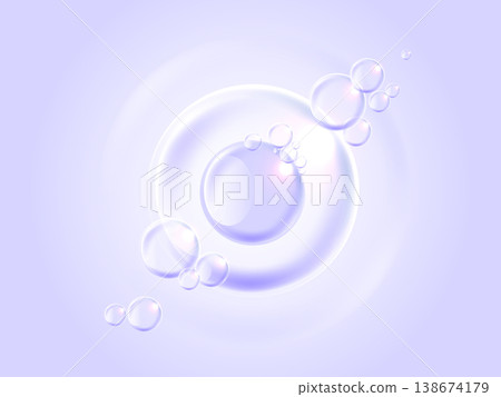 Abstract clear water drop, transparent soap bubbles and concentric circular ripples on pastel purple background. Cosmetic liquid hydration concept for skincare, hygiene and beauty product Abstract clear water drop, transparent soap bubbles and concentric circular ripples on pastel purple background. Cosmetic liquid hydration concept for skincare, hygiene and beauty product 138674179