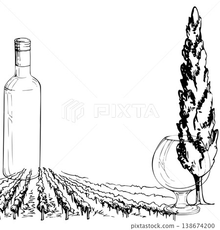 Vineyard frame with agricultural vine rows, bottle and balloon glass, poplar or cypress tree silhouette, copy space. Isolated ink vector illustration hand drawn for menu covers, certificates, signage. Vineyard frame with agricultural vine rows, bottle and balloon glass, poplar or cypress tree silhouette, copy space. Isolated ink vector illustration hand drawn for menu covers, certificates, signage. 138674200