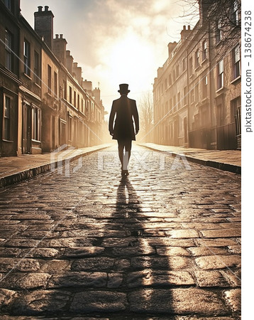 Silhouette of a person walking down a cobblestone street at sunset in a historic town 138674238
