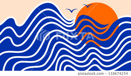 Wave banner and background with sun, beach abstract composition, dynamic wavy stripes in a vector illustration Wave banner and background with sun, beach abstract composition, dynamic wavy stripes in a vector illustration 138674254