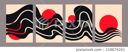 Set of surreal abstract posters with sun and wavy lines, retro optical illusion in a vector illustration 138674261
