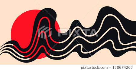 Abstract wave element with sun, wavy distorted lines, retro optical pattern, surreal design in a vector illustration 138674263