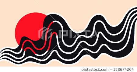 Wave banner and element with sun, abstract wavy stripes, retro optical distortion design in a vector illustration 138674264