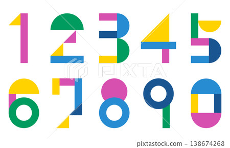 Colorful Geometric Number Design Set (0-9) | Pop Shape Number Material | Vector 138674268