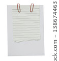 Ripped Lined Paper Note, Torn Edge Clipped by Red Paper Clips on White Greeting card isolated on Transparent Background. Minimal Stationery Mockup, Copy Space. Office Memo Template. Writing, Planning 138674463