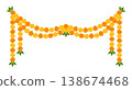 Yellow Orange Marigold Flower Border, Indian Toran Garland. Zendu Flowers flowers isolated on background. Festive Floral Party Decoration. Diwali, Halloween Dia de los Muertos, Vector Illustration 138674468