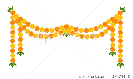 Yellow Orange Marigold Flower Border, Indian Toran Garland. Zendu Flowers flowers isolated on background. Festive Floral Party Decoration. Diwali, Halloween Dia de los Muertos, Vector Illustration Yellow Orange Marigold Flower Border, Indian Toran Garland. Zendu Flowers flowers isolated on background. Festive Floral Party Decoration. Diwali, Halloween Dia de los Muertos, Vector Illustration 138674468