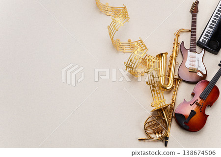 World music day. Musical instruments forming a composition with flowing music notes World music day. Musical instruments forming a composition with flowing music notes 138674506