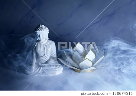 Vesak Buddha birthday. Buddha statue and lotus flower meditating with smoke Vesak Buddha birthday. Buddha statue and lotus flower meditating with smoke 138674515