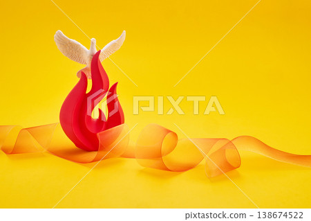 Pentecost holy spirit dove flame on yellow background 138674522